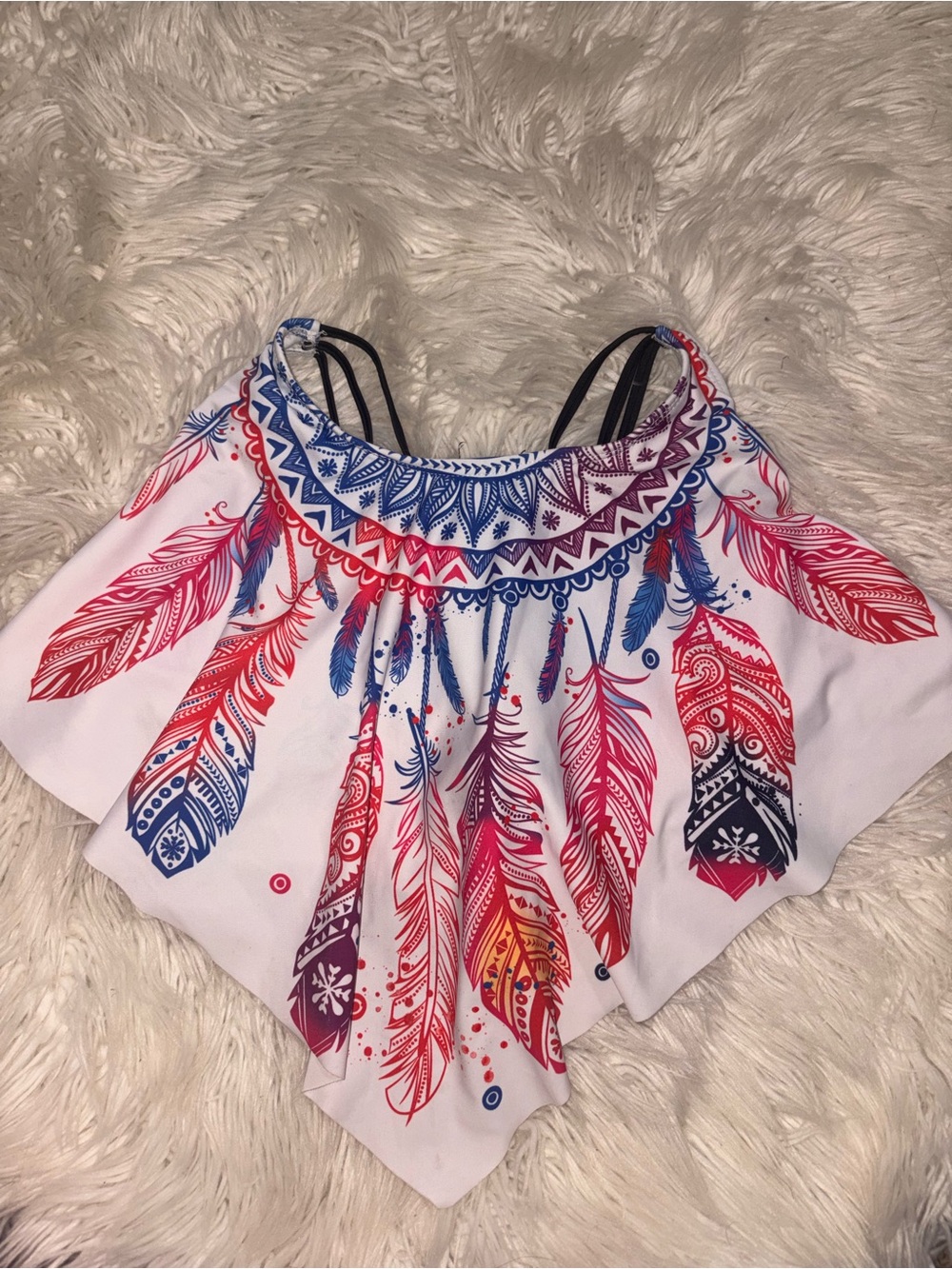 Boho Feather Print Women's Tank Top - White with Red & Blue